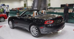 A 2019 Fiat 124 Spider in black, on display in Wichita, KS